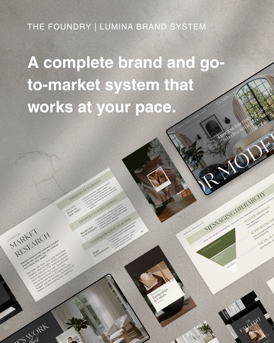 Brand kit template with logo variations, color palette, and typography system